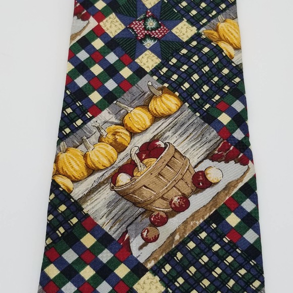 Mens Neck Tie Fall Autumn Harvest Pumpkins Apples Halloween Plaid Farm - Picture 6 of 8